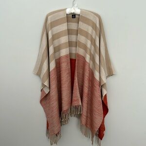 Echo Ruana Serape Fringe Poncho Wrap in Tan and Rust Orange Stripe One Size